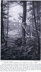 Vojín Edom loví odstřelovače v Chivy Wood, podzim 1914 (litografie)