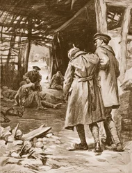 Vojín J. S. Kerr poskytuje první pomoc raněným na těžce ostřelované farmě (litografie)