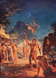 Vypálení Lagaše, ilustrace z Hutchinsonovy "Historie národů", cca 1910 (barevná litografie)