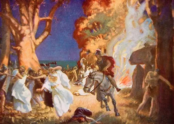 Masakr druidů na Anglesey Římany v roce 60 n. l., ilustrace z knihy "Hutchinson