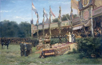 Předání Lombockého kříže královnou Wilhelminou na Malieveldu v Haagu, 6. července 1895