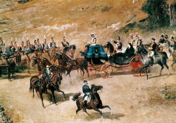 Královna María Cristina a její dcera Isabela II., recenze dělostřeleckých baterií bránících Madrid v roce 1837, detail, c. 1866 (olej na plátně)