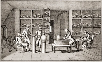 Antoine Laurent de Lavoisier (1743-1794), francouzský chemik provádějící experiment na dýchání člověka v klidu. Kresba paní Lavoisier. Paříž 18. století. Kolekce Leemage