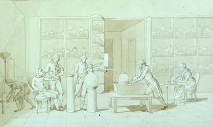 Antoine Lavoisier (1743-94) a jeho Experimenty s dýcháním (pero a inkoust a sépie na papíře)