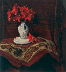 Koberec a váza s červenými liliemi, Mario Puccini (1869-1920), olej na plátně, 64x59 cm.