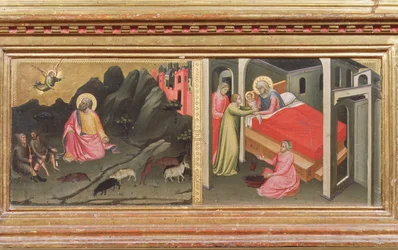 Madona s dítětem se svatými, detail z predely zobrazující Zvěstování Joachimovi a Narození Panny Marie tempera na panelu detail 80340