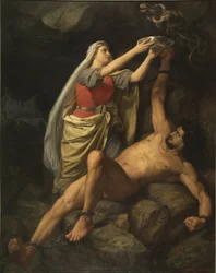 Loki et Sigyn - Loki a Sigyn, od Winge, Marten Eskil (1825-1896). Olej na plátně