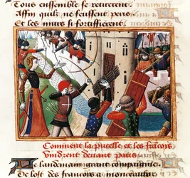 Johanka z Arku u bran St Honore, odkud začíná útok na Paříž, miniatura z Vigiles de Charles VII od Martiala de Paris (známého jako Auvergne) (1420-1508), Francie