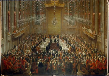 Banket u příležitosti svatby císaře Josefa II. a Isabely Parmské dne 6.10.1760. S Mozartem stojícím v orchestru