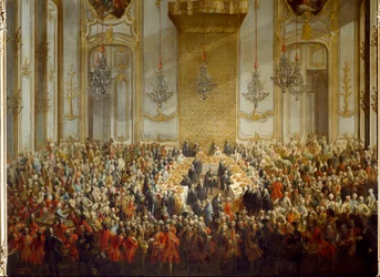 Oficiální banket pořádaný ke svatbě princezny Isabely Parmské s císařem Josefem II., dne 6.10.1760. Detail (malba)