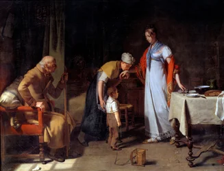 Mladá žena pomáhající nešťastné rodině Obraz Martina Drollinga (1752-1817) Caen 19. století, Musee des Beaux Arts