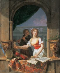 Mladá dáma sahá po kytaře u kamenného křídla a chlapec hrající na flétnu, 1796-97