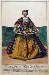 Kávovar: mladá žena nesoucí tác nabitý kávovým servisem. Rytina Martina Engelbrechta (1684-1756) 18. století. Paříž, dekorativní umění