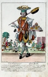 Kuchař. Rytina Martina Engelbrechta (1684-1756), v „“New Assembly of the manouvries habilles”” 18. století, Německo. Paříž, dekorativní umění