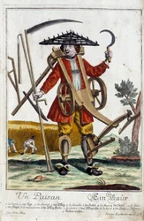 Sedlák. Rytina Martina Engelbrechta (1684-1756), v „“New Assembly of the manouvries habilles”” 18. století, Německo. Paříž, dekorativní umění