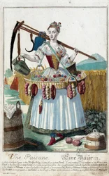 Selská žena. Rytina Martina Engelbrechta (1684-1756), v „“New Assembly of the manouvries habilles”” 18. století, Německo. Paříž, dekorativní umění.