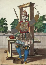 Výrobce barevných papírů, rytina z Assemblage des nouveau manouvries habilles Martin Engelbrecht (1684-1756), Německo