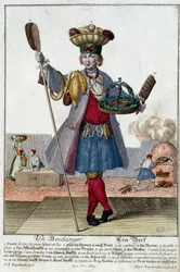 Metier: Pekař. Rytina Martina Engelbrechta (1684-1756), v „“New Assembly of the manouvries habilles”” 18. století, Německo. Paříž, dekorativní umění