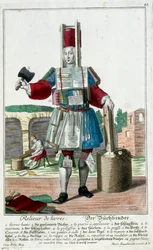 Metier: Knihař. Rytina Martina Engelbrechta (1684-1756), v „“New Assembly of the manouvries habilles”” 18. století, Německo. Paříž, dekorativní umění