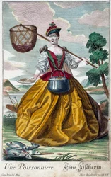 Metier: Ryba. Rytina Martina Engelbrechta (1684-1756), v „“New Assembly of the manouvries habilles”” 18. století, Německo. Paříž, dekorativní umění