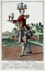 Metier: Zlatá rybka. Rytina Martina Engelbrechta (1684-1756), v „“New Assembly of the manouvries habilles”” 18. století, Německo. Paříž, dekorativní umění