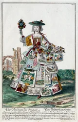 Metier: Prodavačka obrázků. Rytina Martina Engelbrechta (1684-1756), v „“New Assembly of the manouvries habilles”” 18. století, Německo. Paříž, dekorativní umění