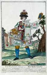 Metier: Prodejce obrázků. Rytina Martina Engelbrechta (1684-1756), v „“New Assembly of the manouvries habilles”” 18. století, Německo. Paříž, dekorativní umění