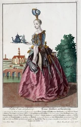 Metier: Žena zlaté rybky. Rytina Martina Engelbrechta (1684-1756), v „“New Assembly of the manouvries habilles”” 18. století, Německo. Paříž, dekorativní umění