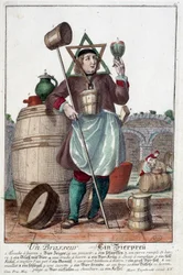 Znázornění sládka s fontánou, sklenicí, džbánem, vědrem, sudem, paličkou, mísou, brokem, kotlem. Rytina Martina Engelbrechta (1684-1756)