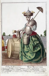 Znázornění manželky sládka, nesoucí na hlavě trychtýř, pytel obilí, misku, vědro, pivní sud. Rytina Martina Engelbrechta (1684-1756)