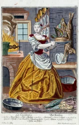Kuchař. Rytina Martina Engelbrechta (1684-1756), v „“New Assembly of the manouvries habilles”” 18. století, Německo. Paříž, dekorativní umění