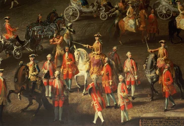 Kavalkáda v Zimní jízdárně ve vídeňském Hofu na oslavu porážky francouzské armády u Prahy, 1743 (detail, zobrazující Marii Terezii, císařovnu rakouskou, na šedém koni) (detai