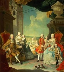Marie Terezie a její manžel u schodiště vedoucího z Velkého sálu zámku Schönbrunn na velké nádvoří s dětmi Josefem II., Karlem, Leopoldem II., Ferdinandem, Marianou, Alžbětou