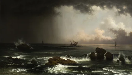 Pobřežní scéna s potápějící se lodí, 1863