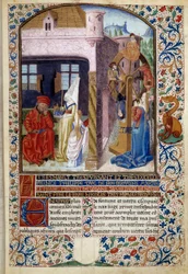 Alegorie štěstí: zobrazení mladé ženy poblíž kola štěstí. Miniatura z „Duch štěstí a ctnosti“ od Martina Le Franc (1410-1461) 1447-1448, Paris B.N.