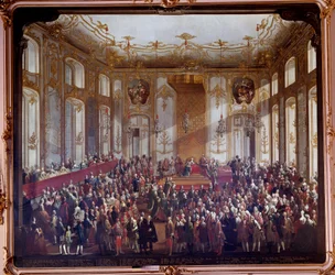 Marie Terezie Rakouská (1717-1780) při slavnostním ustavení řádu sv. Štěpána v roce 1764 Obraz Martina van Meytense (1695-1770) 1764 Vídeň. Kunsthistorische Museum - Marie Terezie Rakouská (1717-1780) při slavnostním investituru o