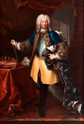 Portrét Fridricha I. (Frederick I.) (1676-1751) Švédský král a Finský princ (Portrét švédského krále Fridricha I. (1676-1751)) Malba Martina Meytense dit le jeune (1695-1770), cca 1730 - Olej na plátně, 234x158 - soukromá sbírka