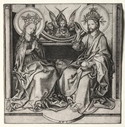 Bůh Otec a svatá Panna trůní za účasti andělů, c. 1480-90.