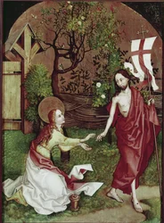 Noli me Tangere. Malba Martina Schongauera (1453-1491), tempera na dřevě. Colmar, Unterlinden Museum