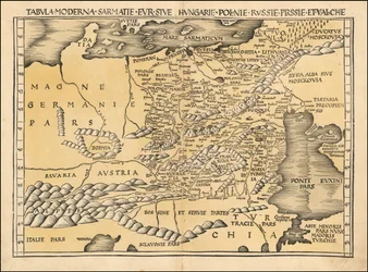 Mapa Polska, Pobaltí, Maďarska a východní Evropy z roku 1513 od Martina Waldseemüllera