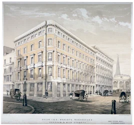 Sklady pánů J&R Morley, roh Milk Street a Gresham Street, Londýn, c1840