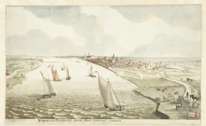 Pohled na opevnění poblíž Nijmegen na Waal Nymegen Fortified by Sir General Coehoorn (titul na objektu)