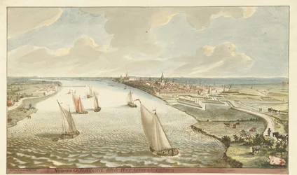 Pohled na opevnění poblíž Nijmegen na Waal Nymegen Fortified by Sir General Coehoorn (titul na objektu)