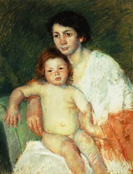 Nahé dítě na klíně matky s pravou paží opřenou o opěradlo židle, 1913