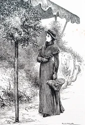 Žena kupuje cesmínu pro vánoční ozdoby. Mary Ellen Edwards (1838-1934), anglická umělkyně