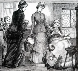 Žena obdarovávající chudého chalupníka. Mary Ellen Edwards (1838-1934), anglická umělkyně