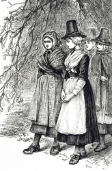 Rytina zobrazující velšské dívky na Hollantide Fair, náborovém veletrhu, čekající na zasnoubení jako domácí sluhové. Ilustrovala Mary Ellen Edwards (1838-1934), anglická umělkyně a ilustrátorka dětských knih.
