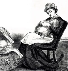 Rytina znázorňující matku houpající své dítě. Ilustrovaná Mary Ellen Edwards (1838-1934), anglická umělkyně a plodná ilustrátorka dětských knih