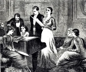 Rytina zobrazující hudební večer. Ilustrovala Mary Ellen Edwards (1838-1934), anglická umělkyně a ilustrátorka dětských knih.