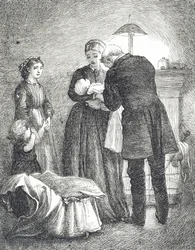 Rytina zobrazující lékaře, který vyšetřuje dítě se spalničkami